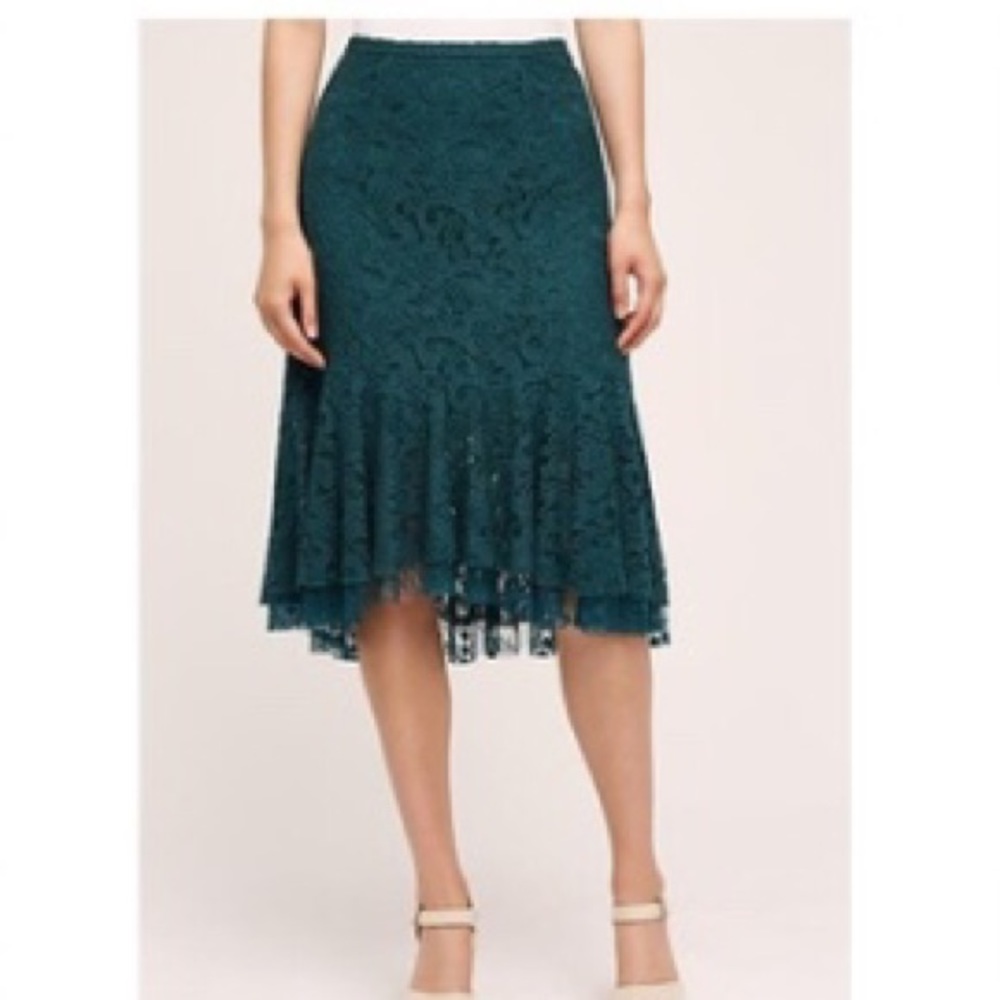 Anthropologie Teal Lace Asymmetrical Hem Skirt - Picture 2 of 10